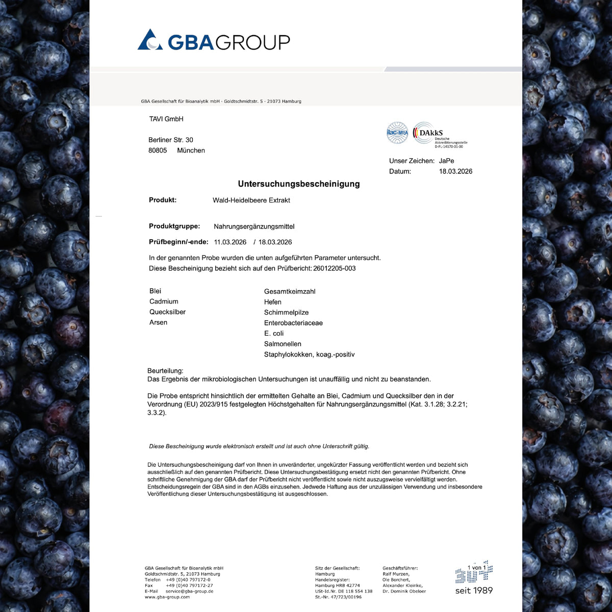 TAVI® Wald-Heidelbeere Extrakt Kapseln (Wildheidelbeere, Bilberry 15:1)